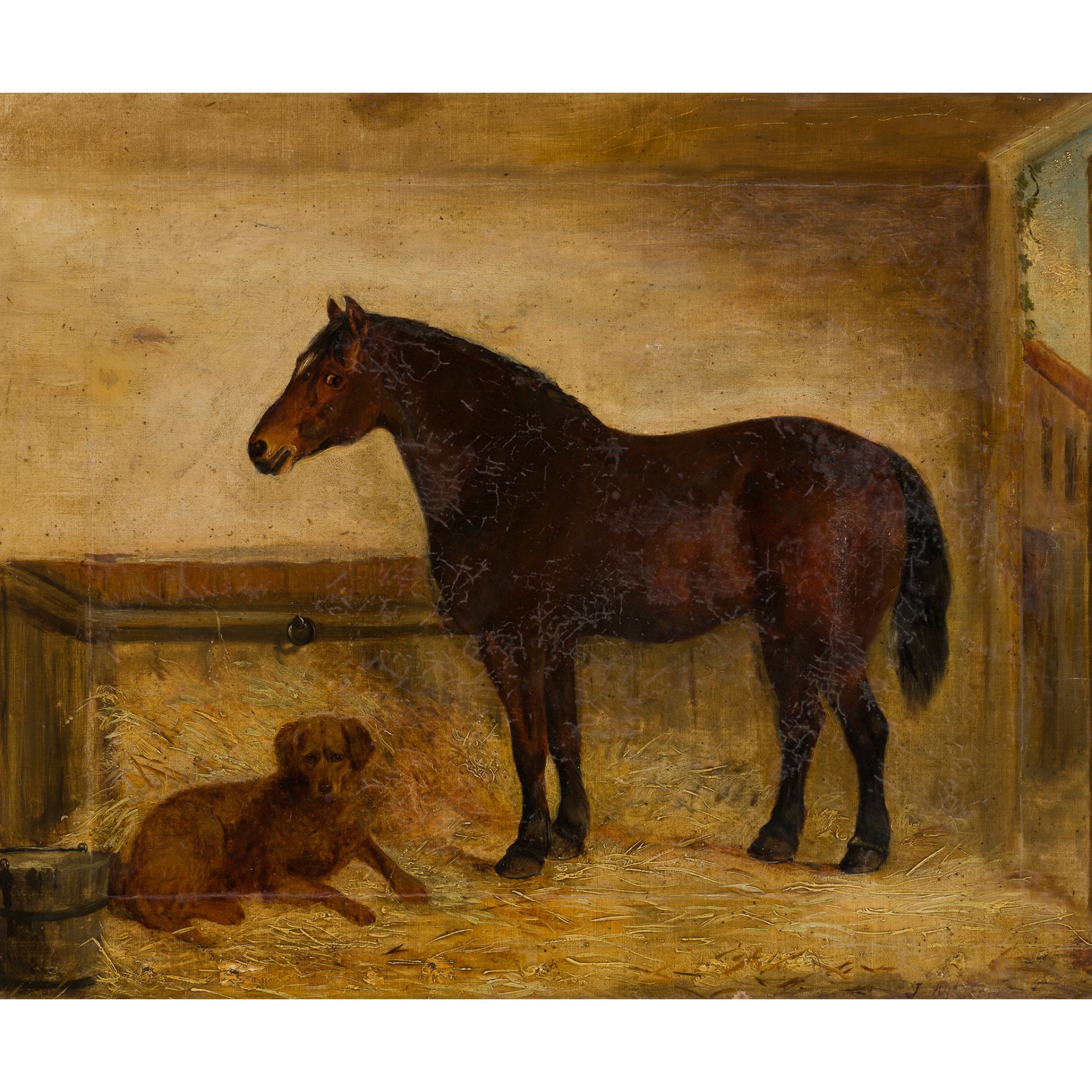 19TH CENTURY ENGLISH SCHOOL DARK BAY COB WITH A RETREIVER IN A STABLE