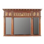 LATE REGENCY MAHOGANY, GESSO, AND GILTWOOD TRIP OVERMANTEL MIRROR 19TH CENTURY