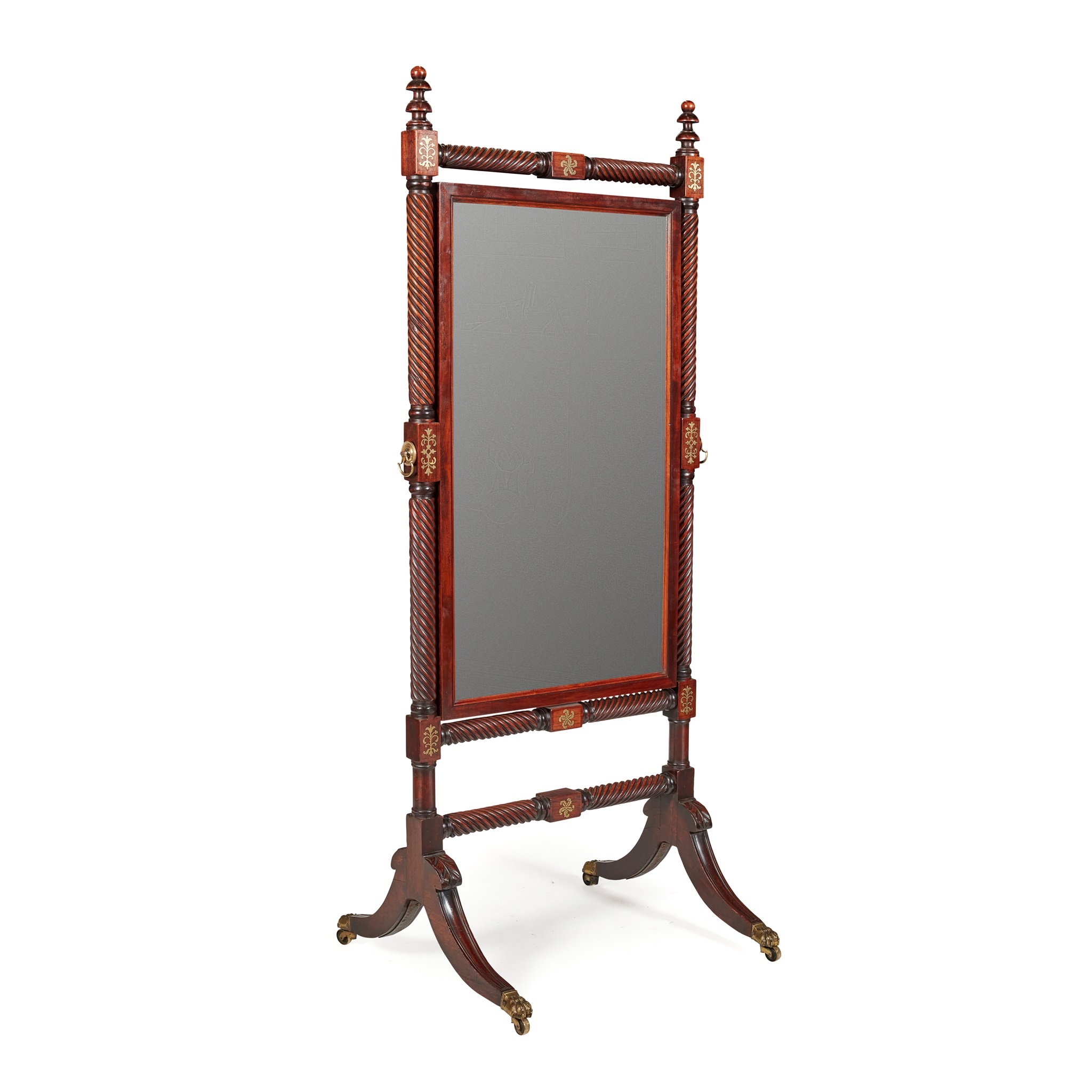 REGENCY MAHOGANY BRASS INLAID CHEVAL MIRROR EARLY 19TH CENTURY