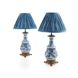 PAIR OF IZNIK TYPE PORCELAIN AND BRONZE BOTTLE VASE LAMPS 19TH/ EARLY 20TH CENTURY