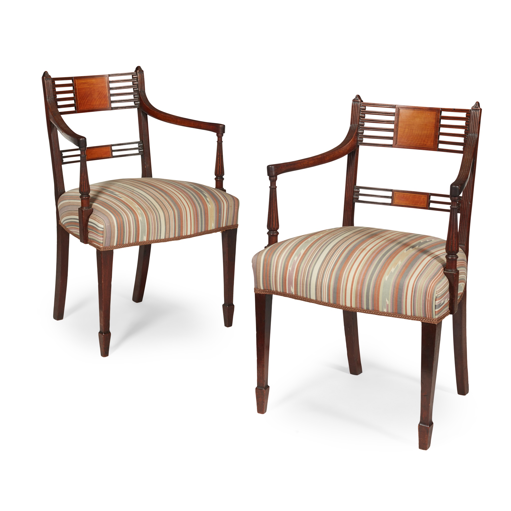 PAIR OF GEORGE III MAHOGANY AND SATINWOOD ARMCHAIRS LATE 18TH CENTURY
