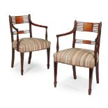 PAIR OF GEORGE III MAHOGANY AND SATINWOOD ARMCHAIRS LATE 18TH CENTURY