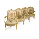 SUITE OF FOUR FRENCH GILTWOOD AND AUBUSSON FAUTEUILS 19TH CENTURY
