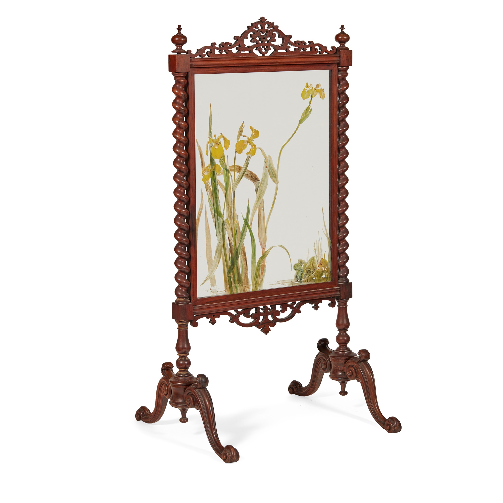 Y EARLY VICTORIAN ROSEWOOD AND PAINTED GLASS FIRESCREEN MID 19TH CENTURY