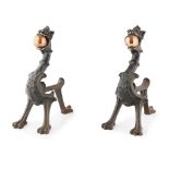PAIR OF CAST IRON AND COPPER FIREDOGS 19TH CENTURY