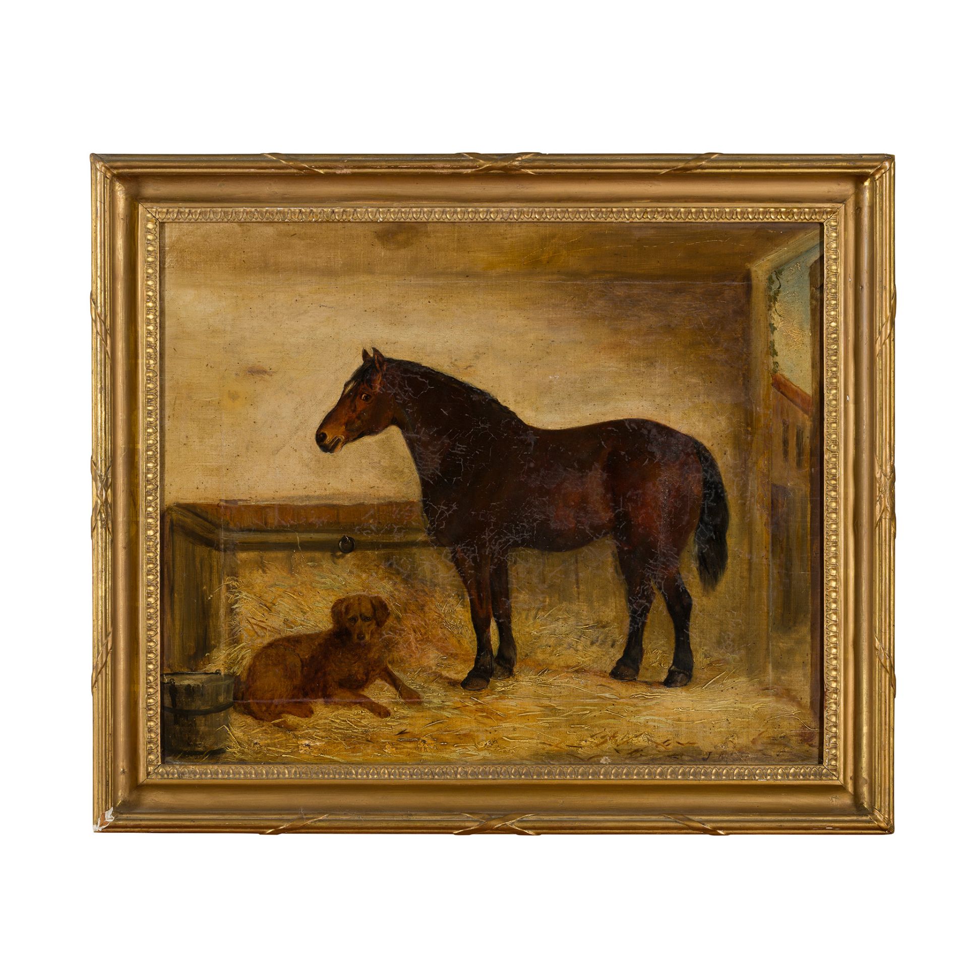 19TH CENTURY ENGLISH SCHOOL DARK BAY COB WITH A RETREIVER IN A STABLE - Image 2 of 2