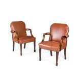 PAIR OF LEATHER UPHOLSTERED MAHOGANY OPEN ARMCHAIRS 20TH CENTURY