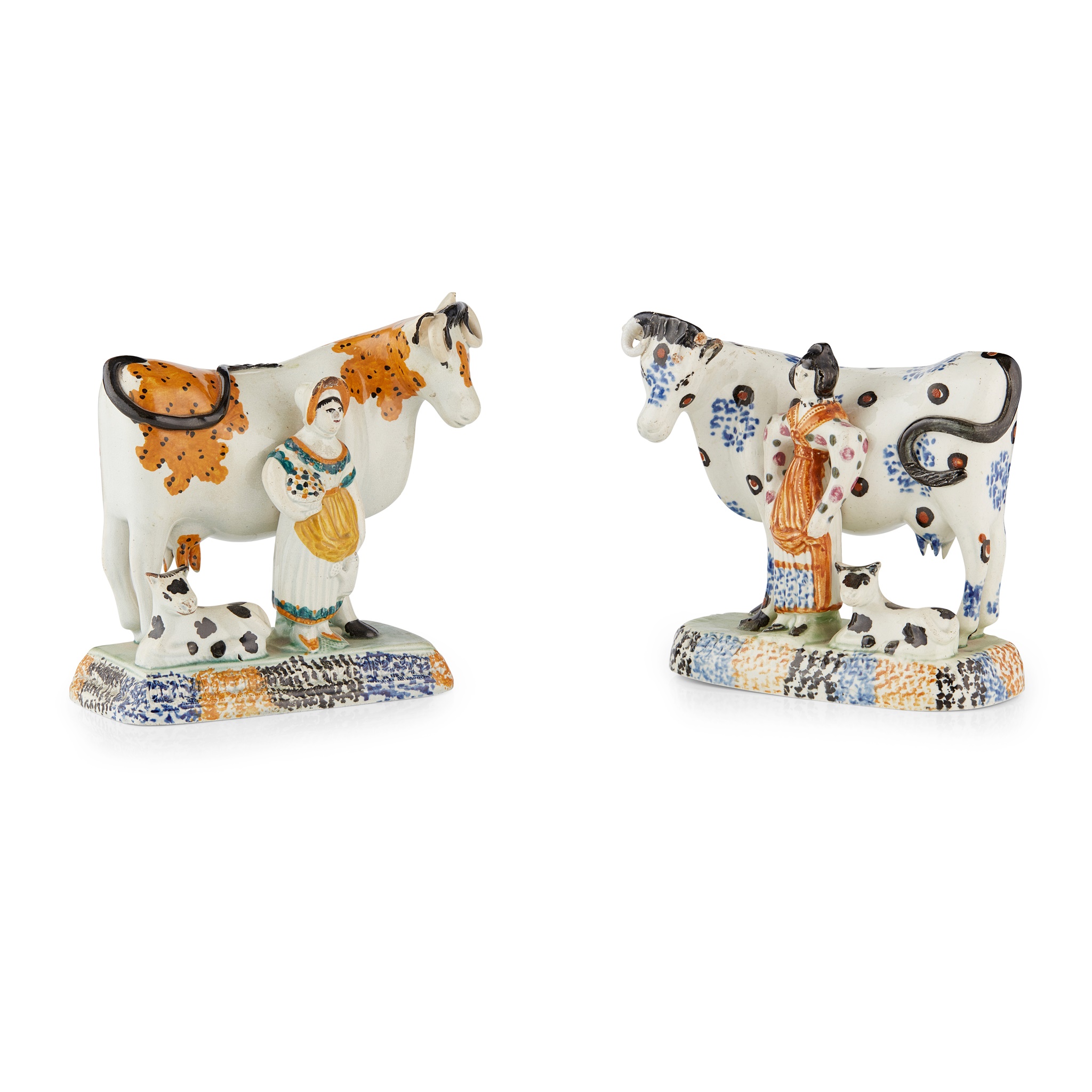 TWO YORKSHIRE PRATTWARE COW AND CALF FIGURES CIRCA 1820