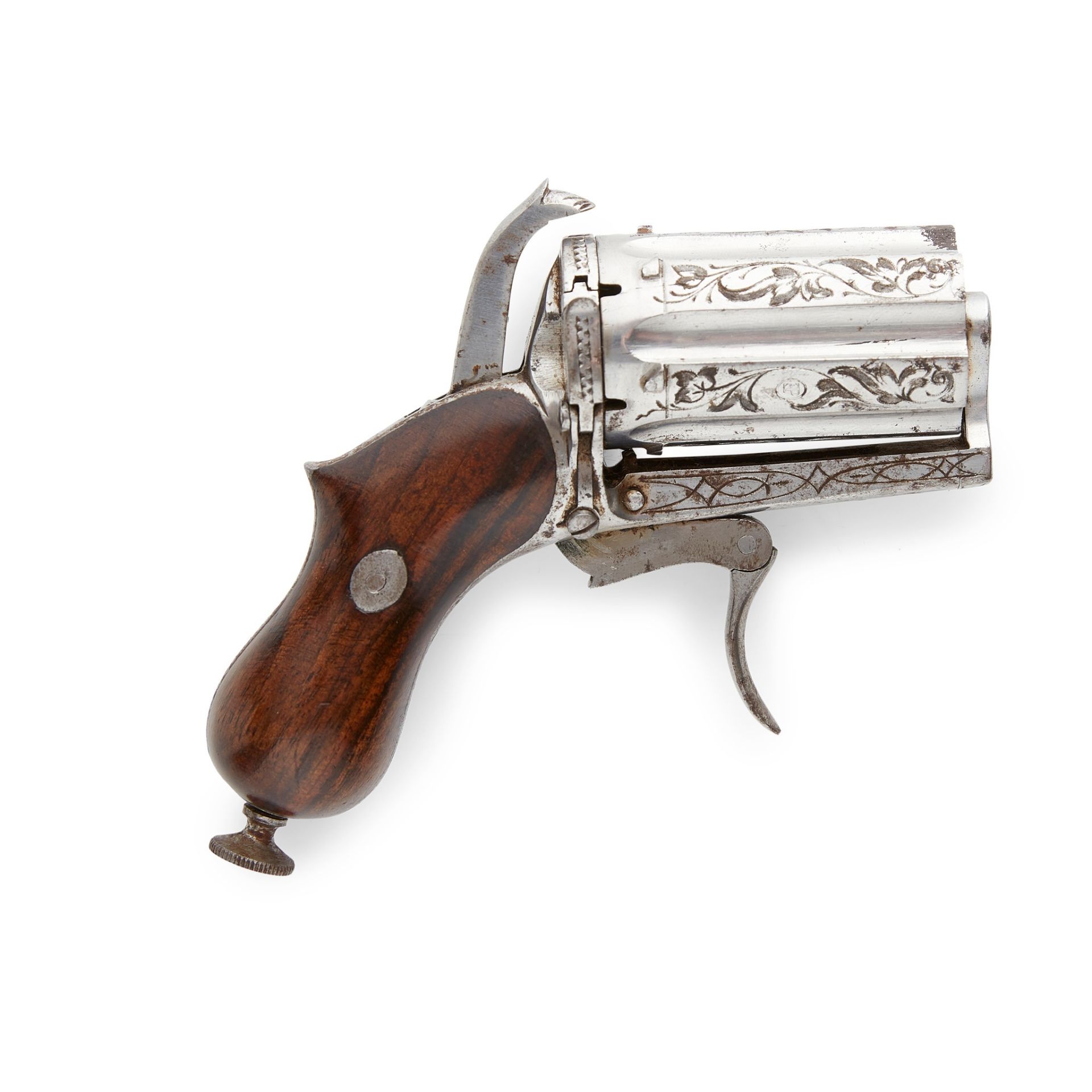 POLISHED STEEL AND ENGRAVED SIX BARREL PIN-FIRE PEPPER BOX TRAVELLING PISTOL 19TH CENTURY
