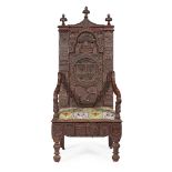CEREMONIAL CARVED OAK ARMORIAL ARMCHAIR EARLY 19TH CENTURY
