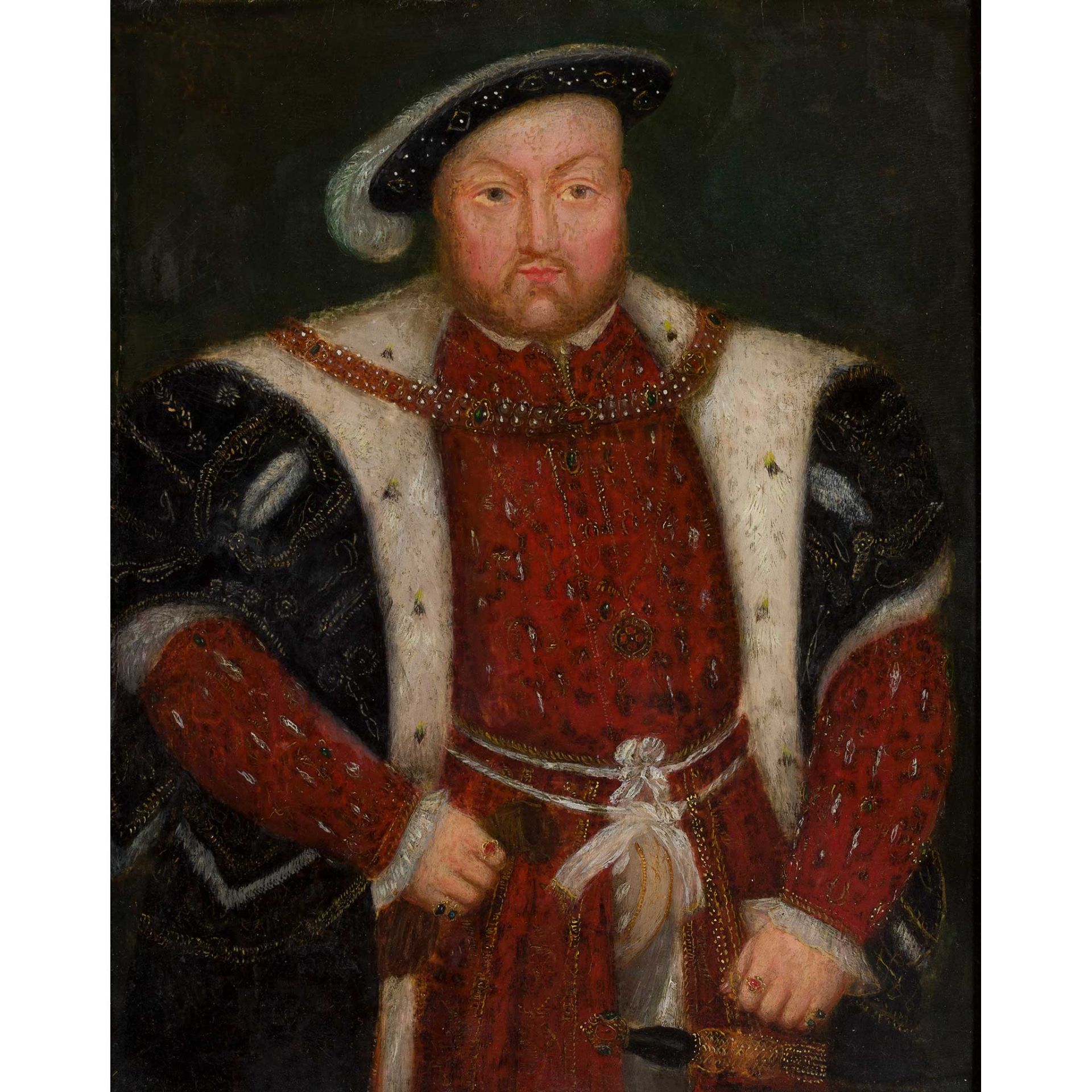 16TH/17TH CENTURY ENGLISH SCHOOL THREE QUARTER LENGTH PORTRAIT OF KING HENRY VIII