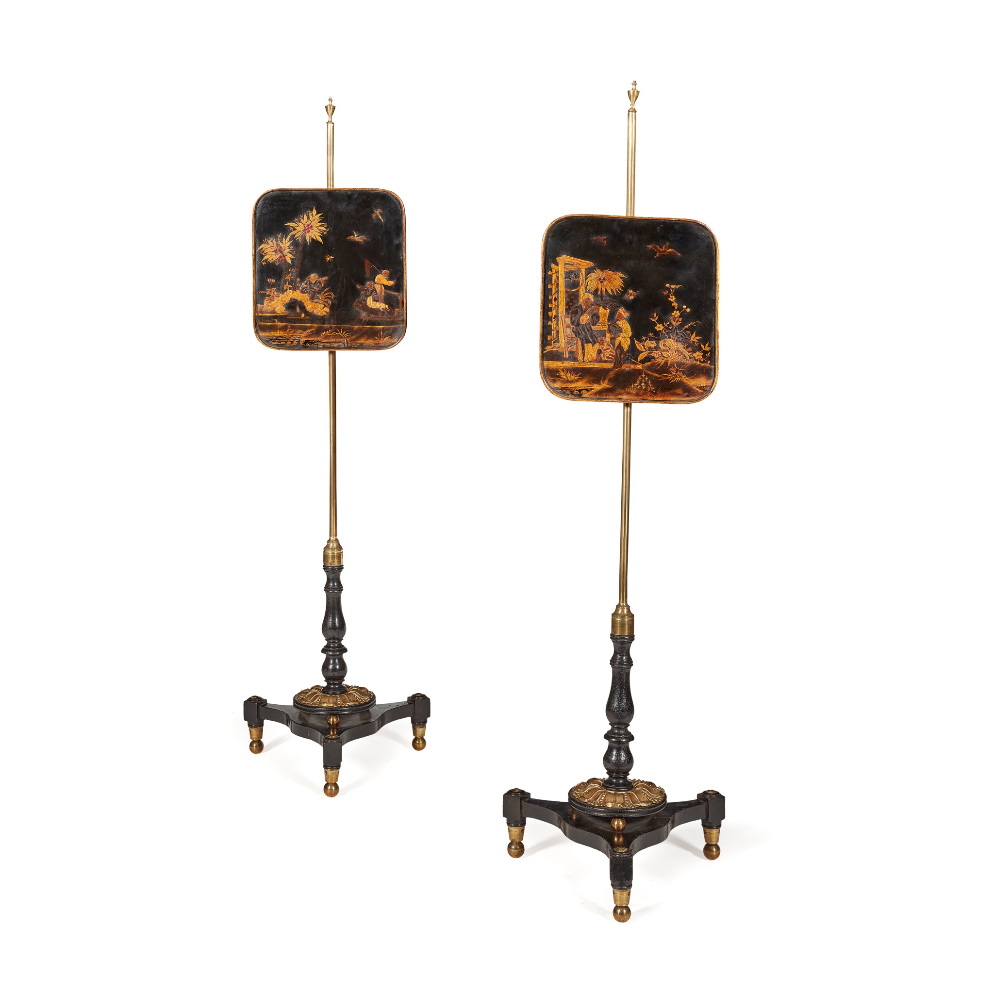 PAIR OF REGENCY LACQUER, EBONISED AND BRASS MOUNTED POLESCREENS EARLY 19TH CENTURY