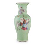 LARGE CHINESE FAMILLE ROSE LIME-GREEN GROUND 'LONGEVITY' VASE