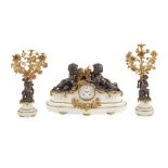 FRENCH GILT AND PATINATED BRONZE AND MARBLE MANTLE CLOCK GARNITURE, AFTER CLODION 19TH CENTURY