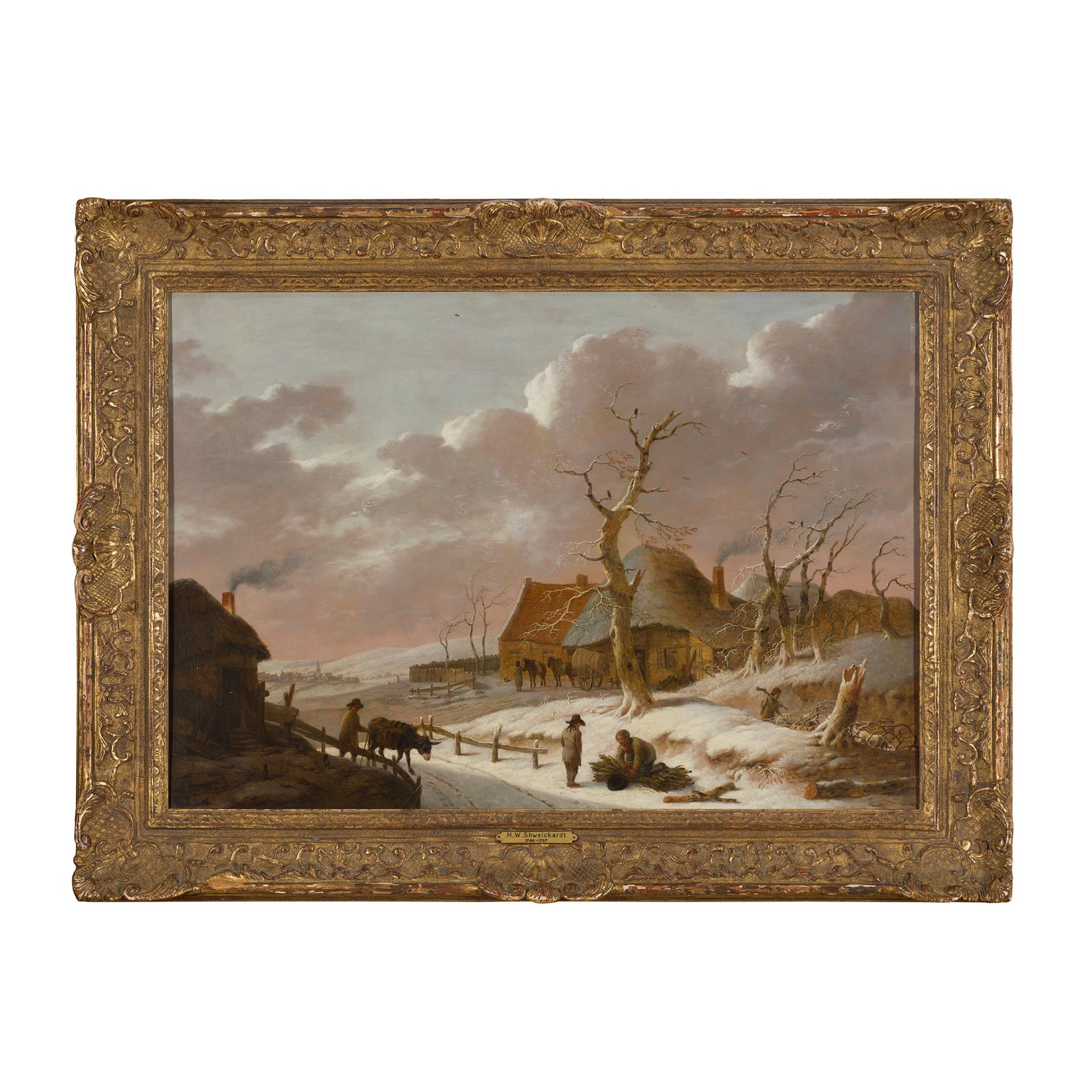 ATTRIBUTED TO HEINRICH WILHELM SCHWEICKARDT (GERMAN 1746-1797) A SNOW COVERED WINTER LANDSCAPE - Image 2 of 3