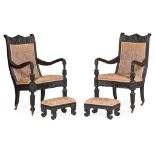 PAIR OF ANGLO-INDIAN EBONY ARMCHAIRS AND ASSOCIATED FOOTSTOOLS MID 19TH CENTURY