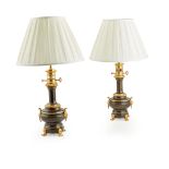 PAIR OF FRENCH MODERATEUR PATINATED AND GILT METAL LAMPS