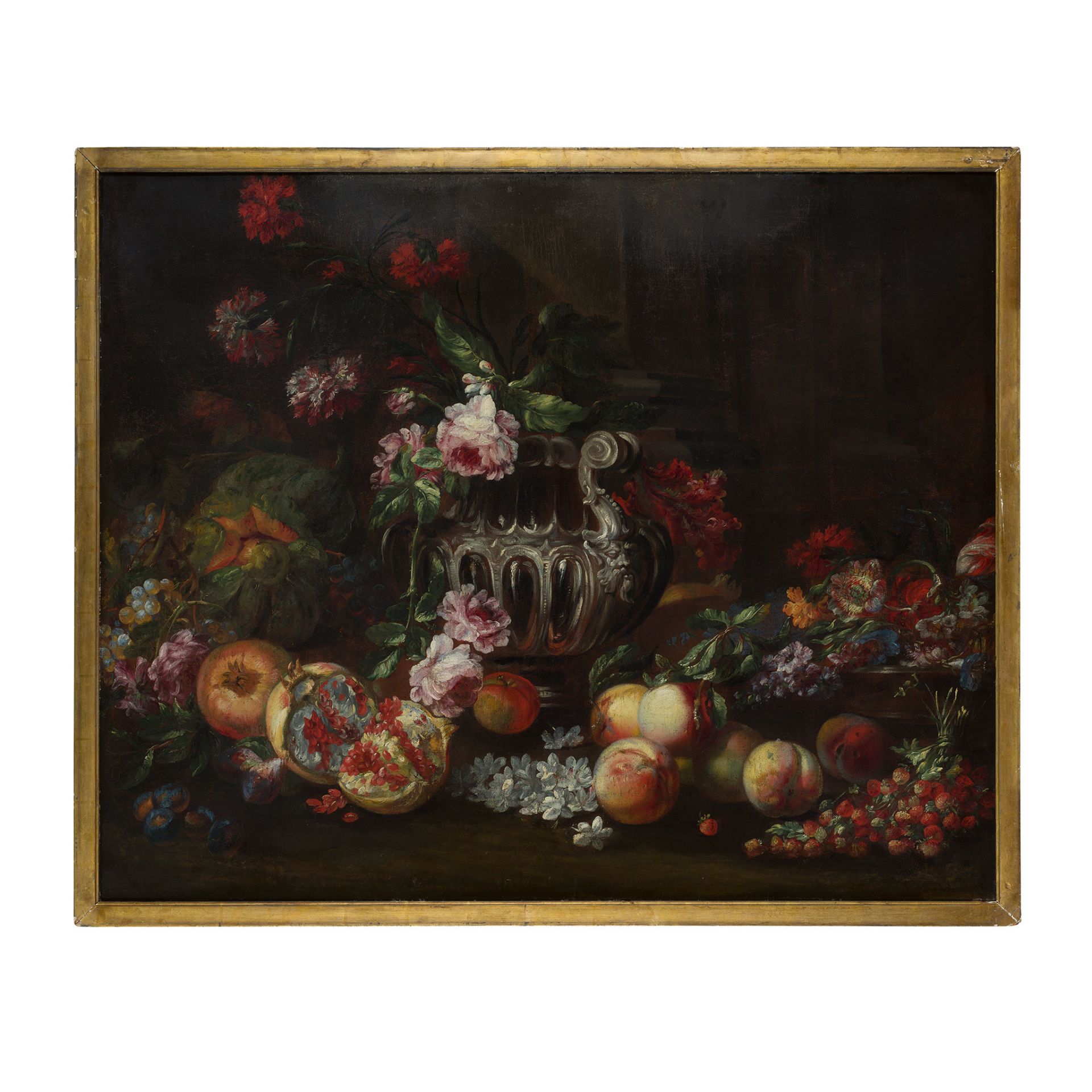 FOLLOWER OF MICHELANGELO DI CAMPIDOGLIO A STILL LIFE OF ASSORTED FRUIT AND FLOWERS WITH SILVER URN - Image 2 of 2