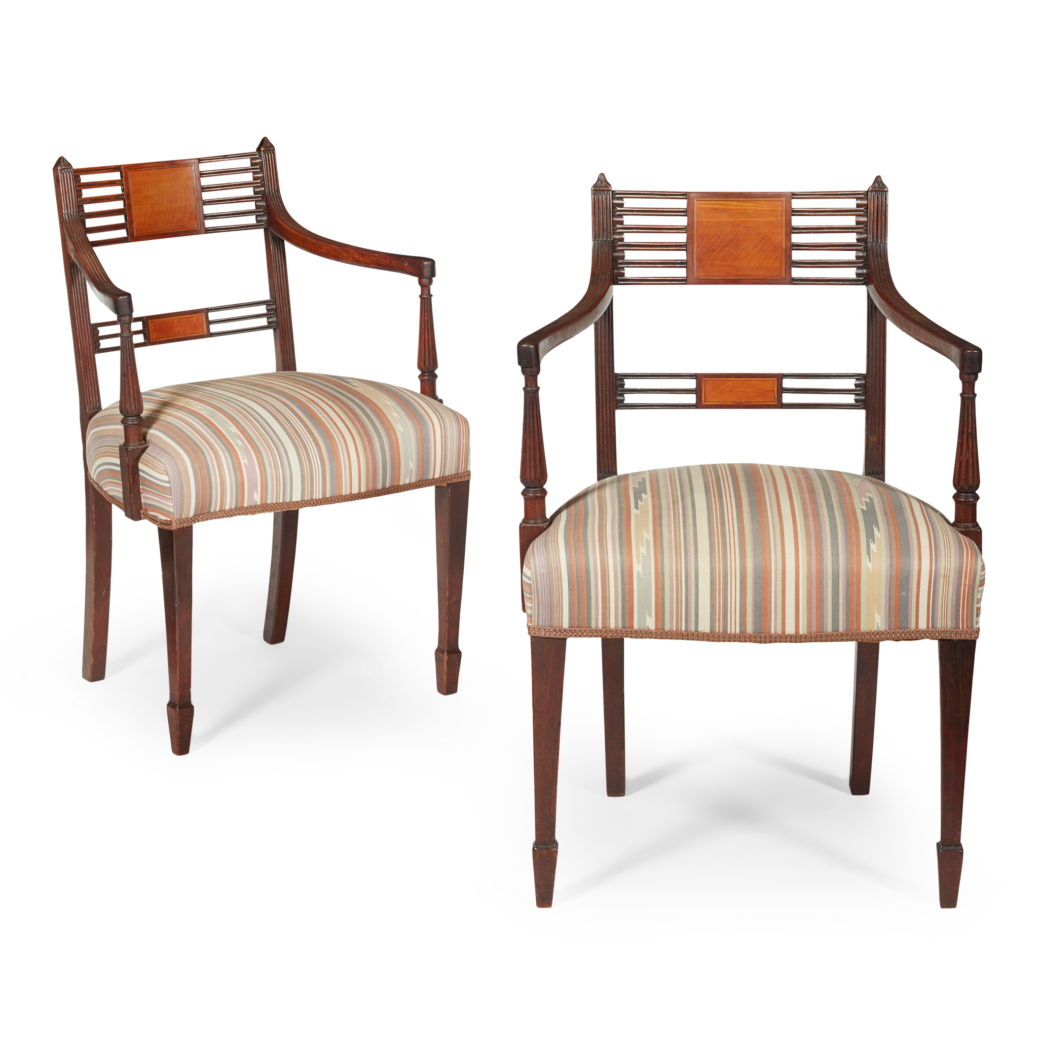 PAIR OF GEORGE III MAHOGANY AND SATINWOOD ARMCHAIRS LATE 18TH CENTURY - Image 2 of 2