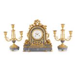 FRENCH GILT BRONZE AND BLUE TURQUIN MARBLE CLOCK GARNITURE 19TH CENTURY