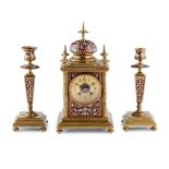 FRENCH CHAMPLEVÉ ENAMEL AND GILT BRASS THREE PIECE CLOCK GARNITURE 19TH CENTURY