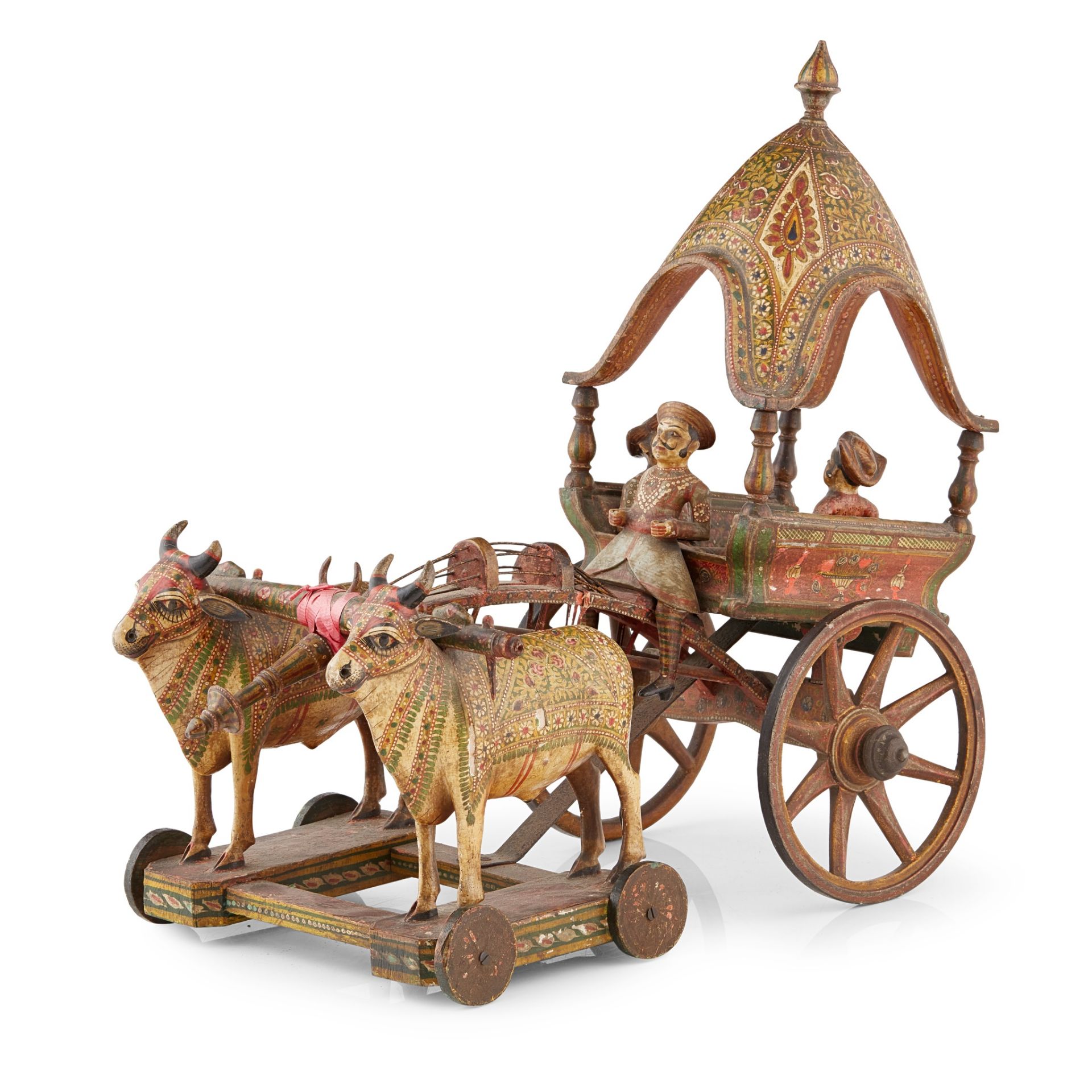 INDIAN POLYCHROME CARVED WOOD AND METAL MODEL OF A BULLOCK CART 19TH CENTURY