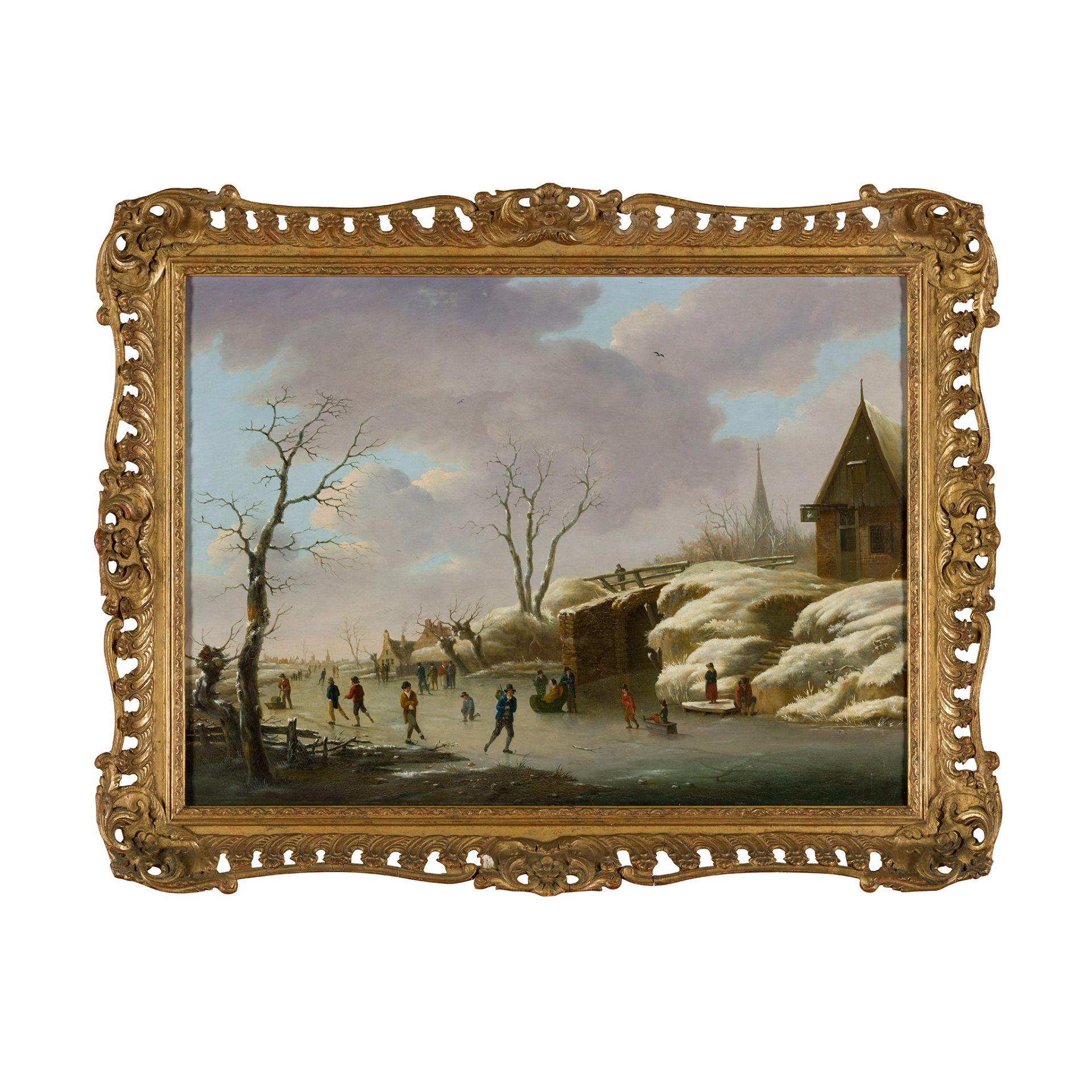 HERMANUS DONSELAER (BELGIAN 1761-1829) A WINTER LANDSCAPE WITH FIGURES SKATING - Image 2 of 2