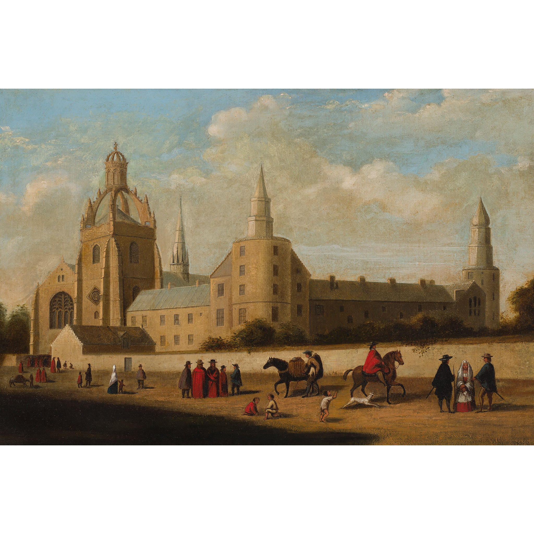 18th CENTURY SCOTTISH SCHOOL FIGURES AND HORSEMEN OUTSIDE A CHURCH