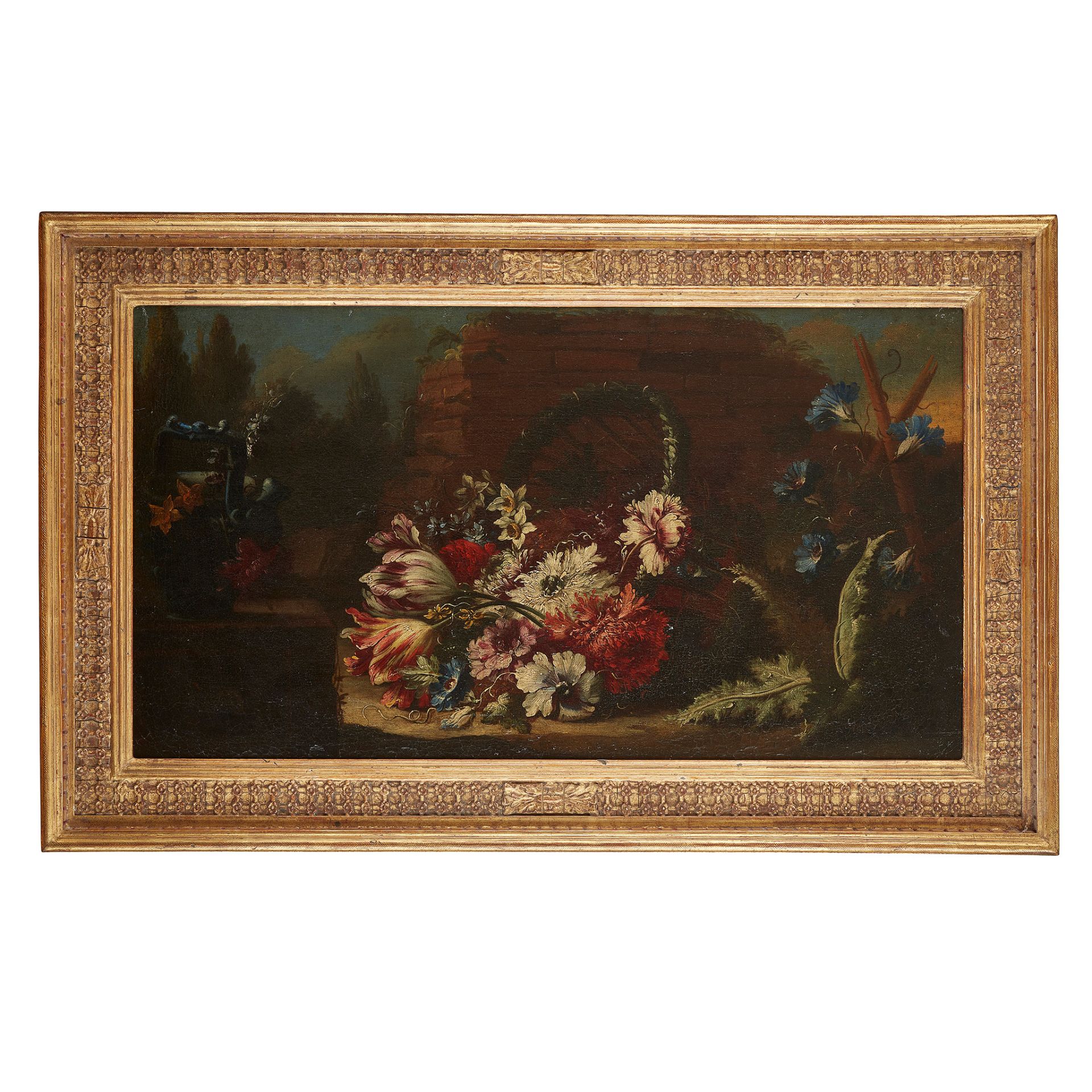 18TH CENTURY DUTCH SCHOOL A STILL LIFE OF ASSORTED FLOWERS SET AGAINST A RUINED WALL