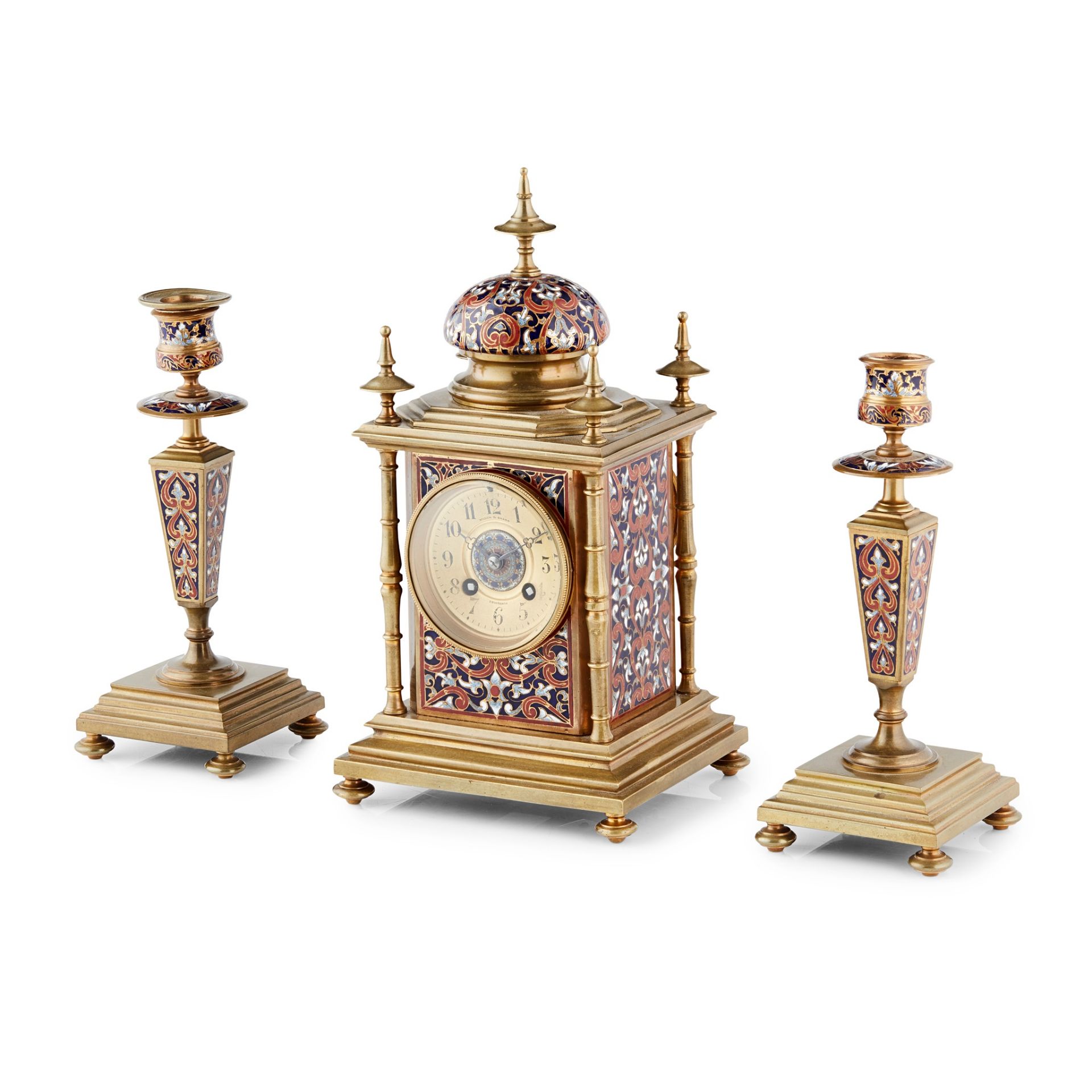 FRENCH CHAMPLEVÉ ENAMEL AND GILT BRASS THREE PIECE CLOCK GARNITURE 19TH CENTURY - Image 2 of 2