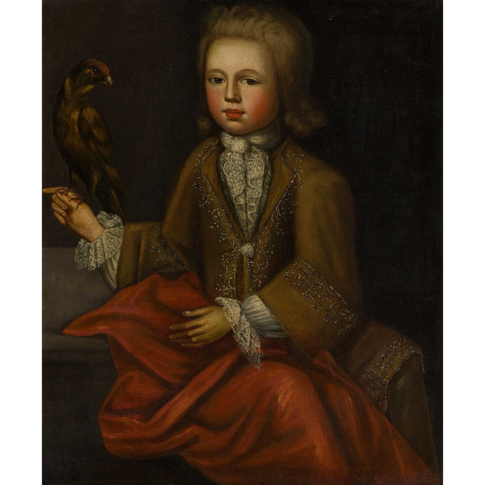 18TH CENTURY ENGLISH SCHOOL HALF LENGTH PORTRAIT OF A BOY WITH A BIRD