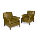 PAIR OF GREEN LEATHER LIBRARY ARMCHAIRS SECOND QUARTER 20TH CENTURY