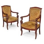 PAIR OF FRENCH EMPIRE MAHOGANY FRAMED ARMCHAIRS EARLY 19TH CENTURY