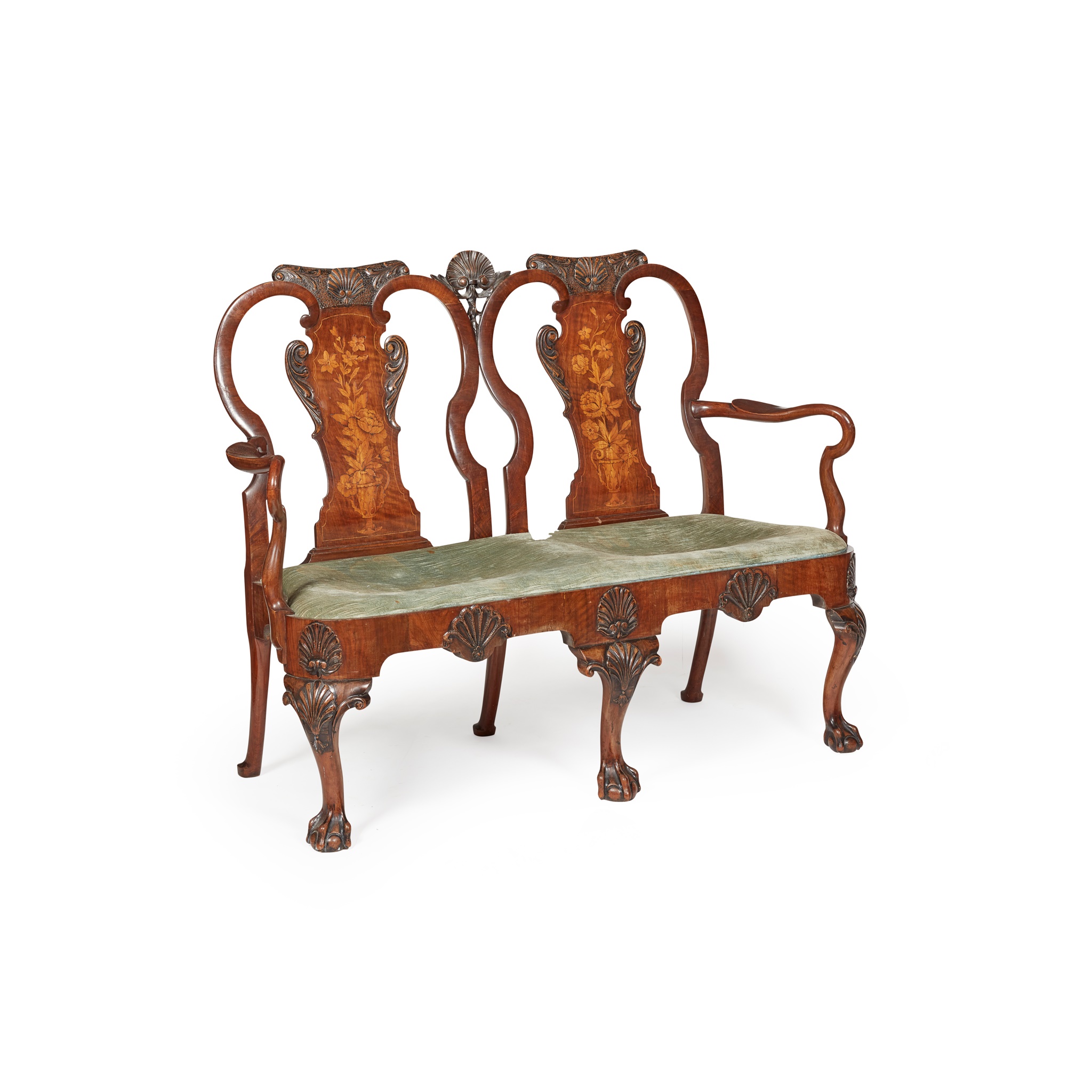 GEORGE I STYLE WALNUT AND MARQUETRY DOUBLE CHAIRBACK SETTEE 19TH CENTURY - Image 2 of 2