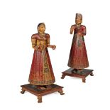 PAIR OF LARGE CARVED AND POLYCHROMED FIGURES OF A RAJAH AND RANI 19TH CENTURY