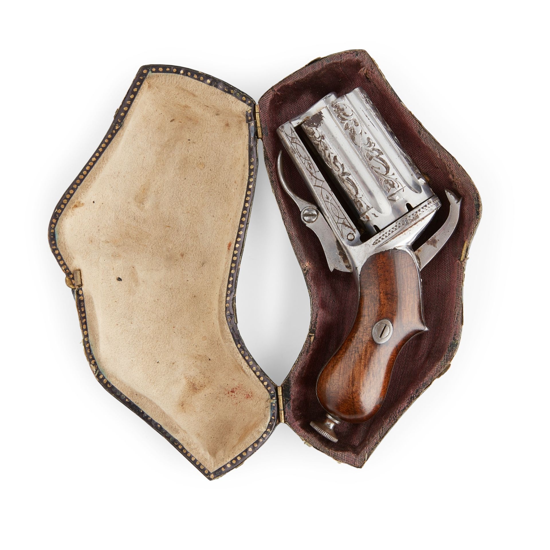 POLISHED STEEL AND ENGRAVED SIX BARREL PIN-FIRE PEPPER BOX TRAVELLING PISTOL 19TH CENTURY - Image 2 of 2