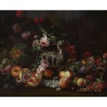 FOLLOWER OF MICHELANGELO DI CAMPIDOGLIO A STILL LIFE OF ASSORTED FRUIT AND FLOWERS WITH SILVER URN