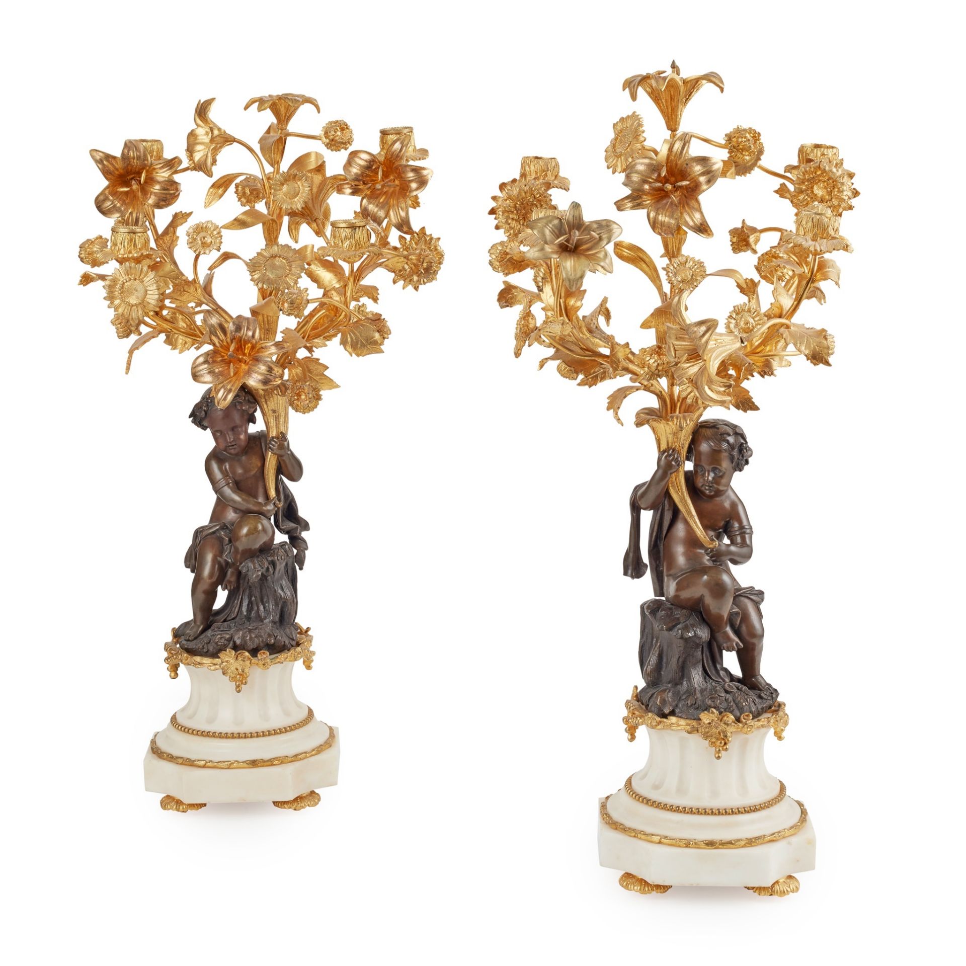 FRENCH GILT AND PATINATED BRONZE AND MARBLE MANTLE CLOCK GARNITURE, AFTER CLODION 19TH CENTURY - Image 2 of 2
