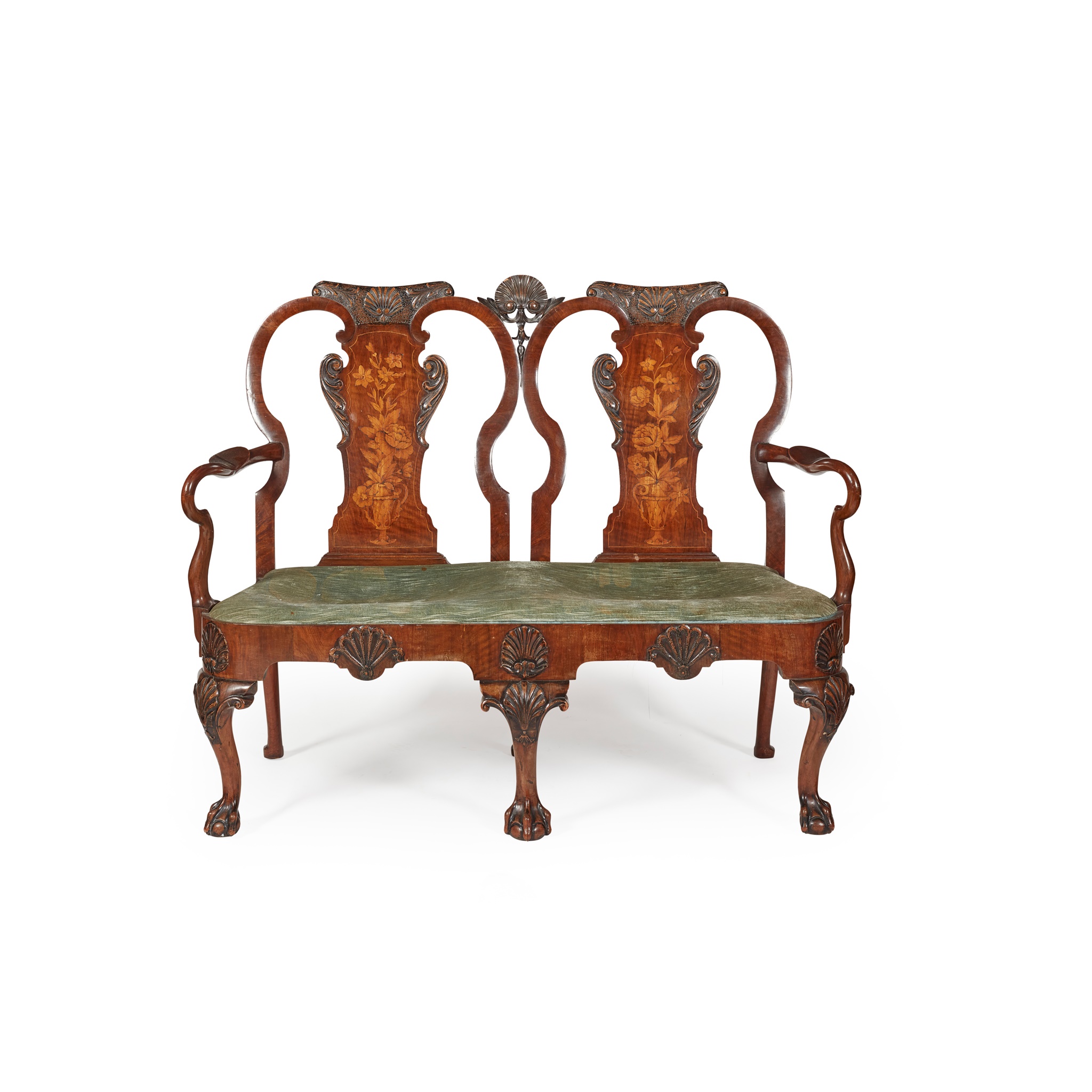 GEORGE I STYLE WALNUT AND MARQUETRY DOUBLE CHAIRBACK SETTEE 19TH CENTURY