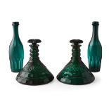 PAIR OF REGENCY GREEN GLASS SHIP'S DECANTERS MID 19TH CENTURY