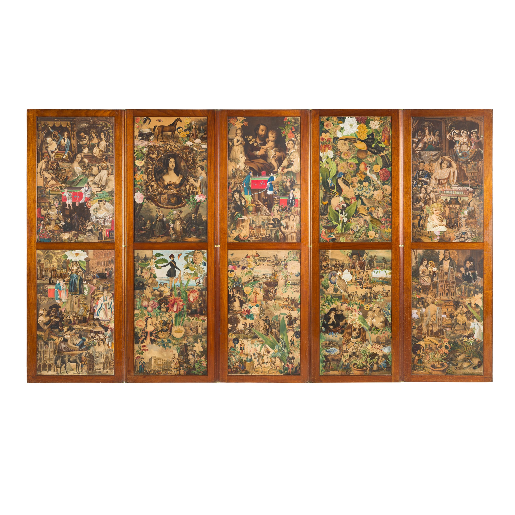 MAHOGANY FRAMED SIX-FOLD SCRAPWORK SCREEN MID 19TH CENTURY