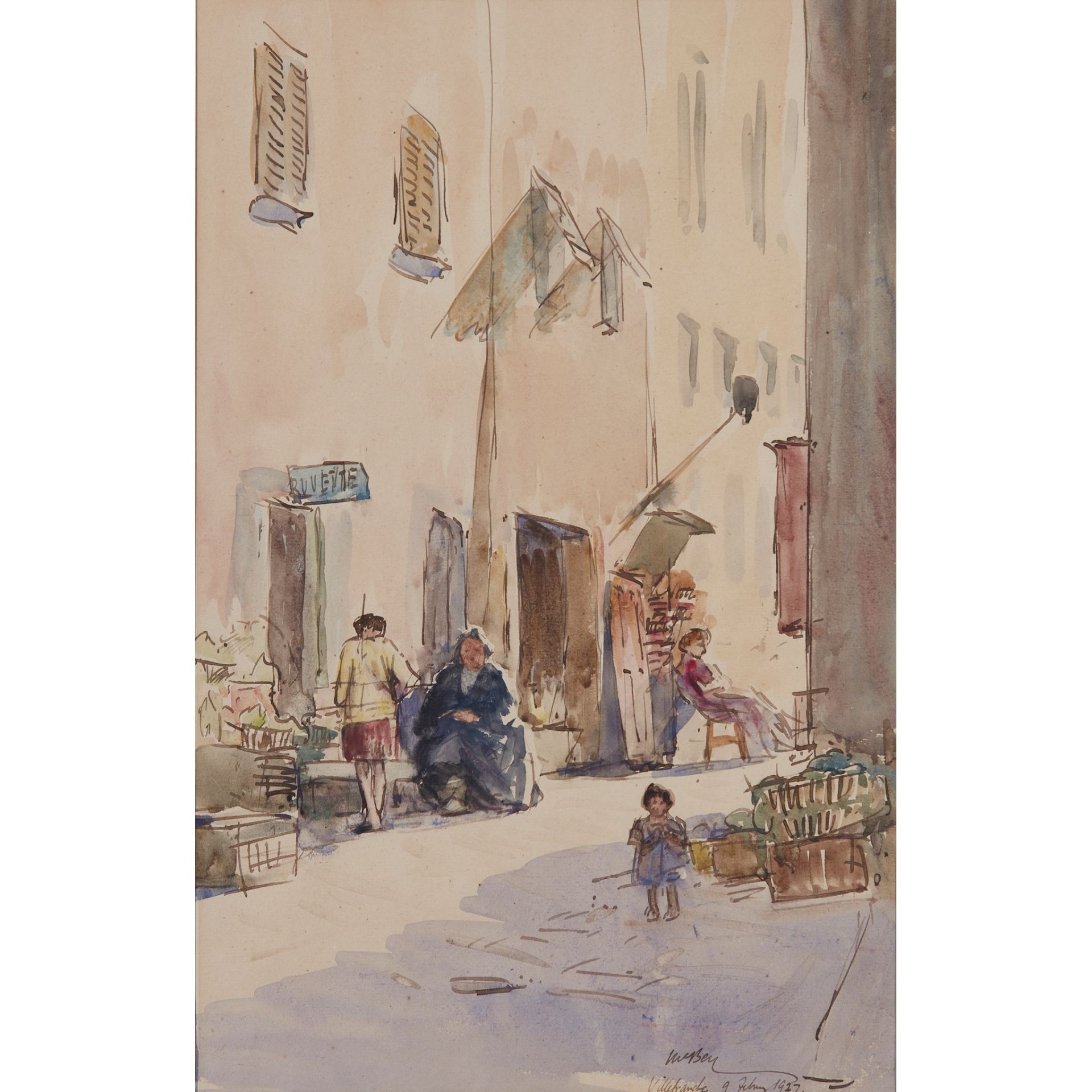 § JAMES MCBEY (SCOTTISH 1883-1959) FIGURES IN A SUNLIT STREET, VILLEFRANCHE