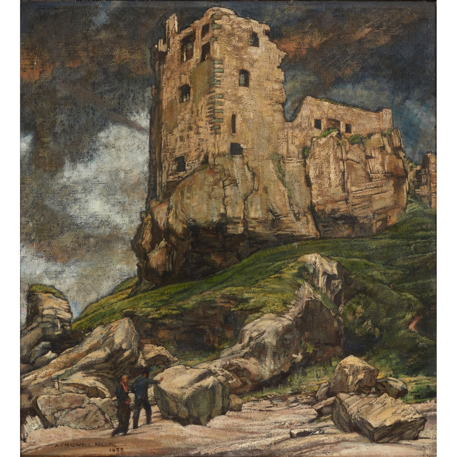 § ARCHIBALD ELLIOT HASWELL MILLER R.S.W. (SCOTTISH 1887-1979) FIGURES BELOW RUINED CASTLE RAMPARTS