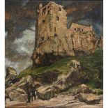 § ARCHIBALD ELLIOT HASWELL MILLER R.S.W. (SCOTTISH 1887-1979) FIGURES BELOW RUINED CASTLE RAMPARTS