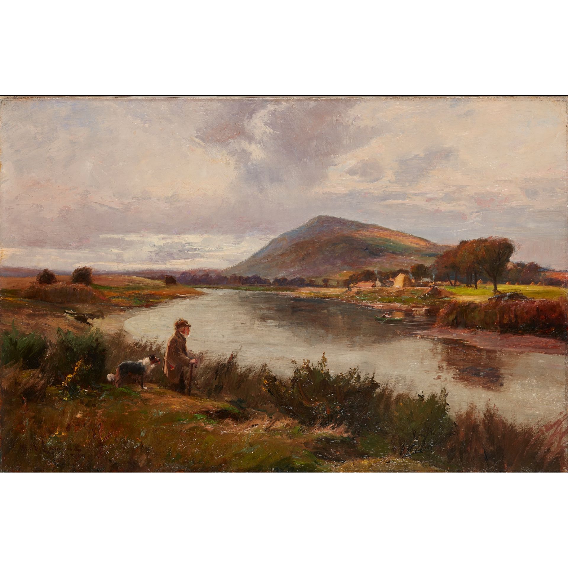 WILLIAM BRADLEY LAMOND R.B.A. (SCOTTISH 1857-1924) A RIVER LANDSCAPE WITH GHILLIE AND DOG