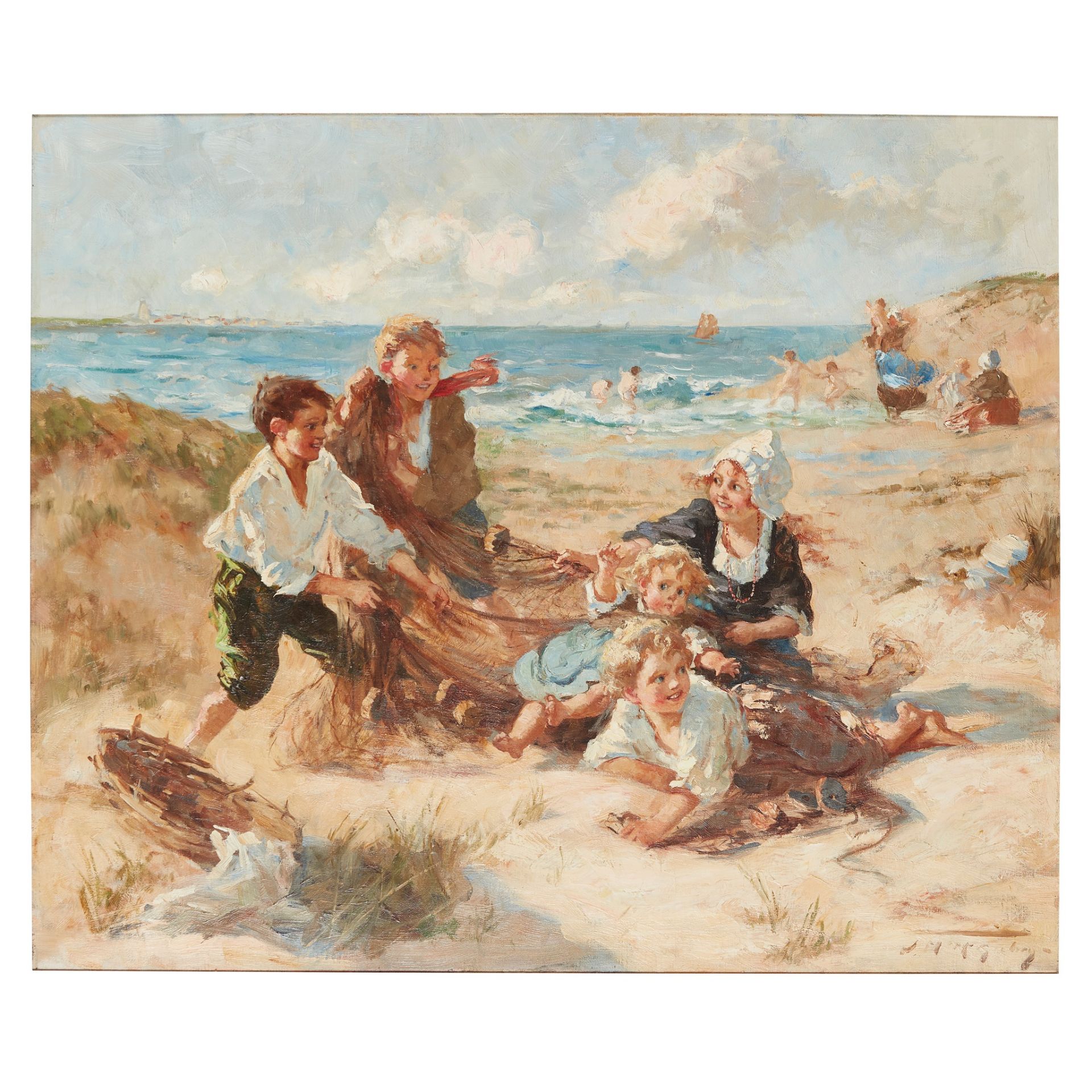 § JESSIE M. MCGEEHAN (SCOTTISH 1872-1961) PLAYING WITH THE FISHING NETS