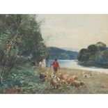 TOM SCOTT (SCOTTISH 1859-1927) HOUNDS ON A RIVER BANK