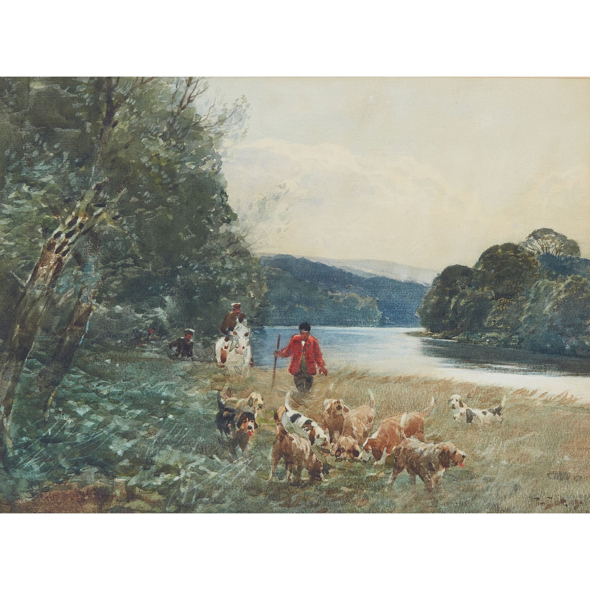 TOM SCOTT (SCOTTISH 1859-1927) HOUNDS ON A RIVER BANK