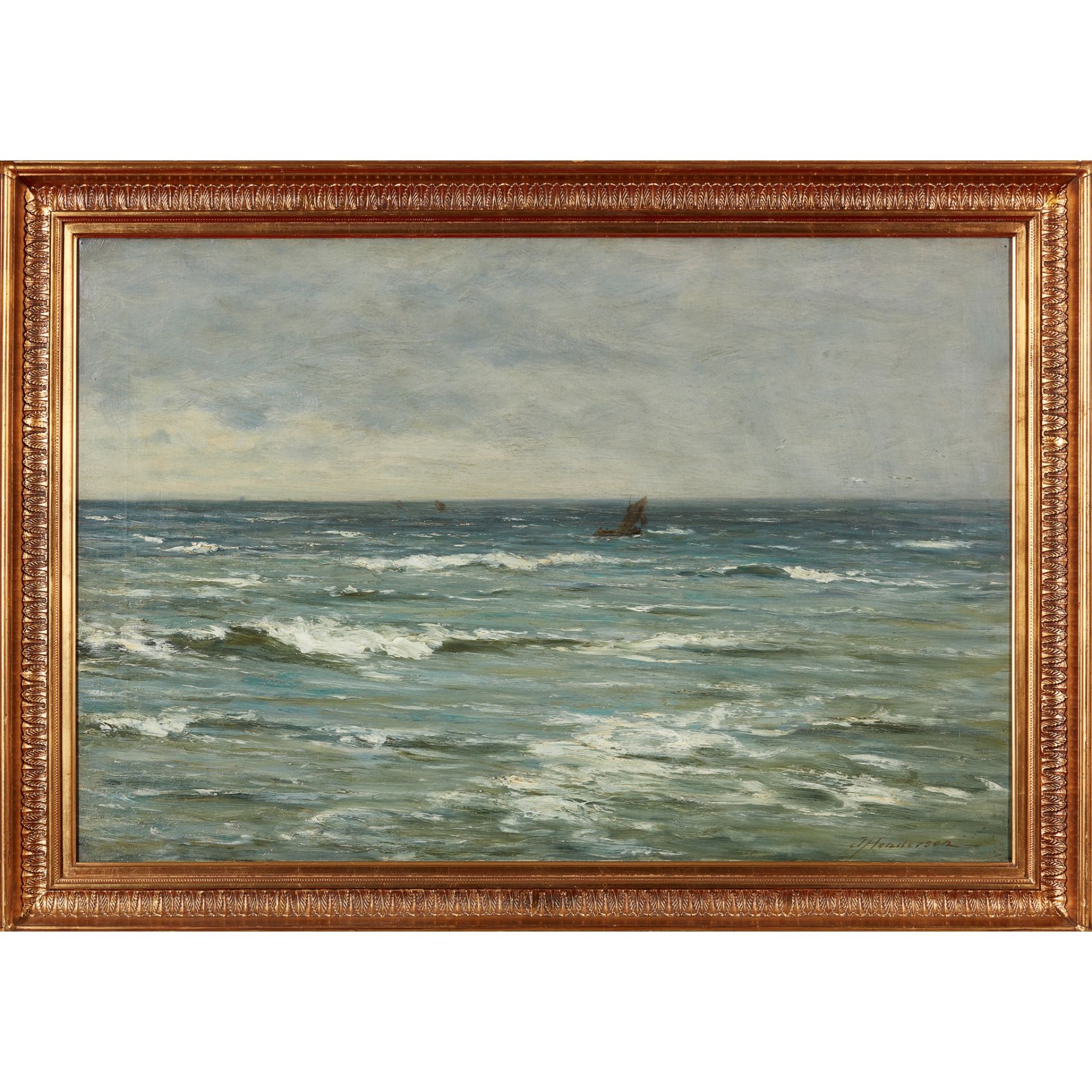 JOSEPH HENDERSON R.S.W (SCOTTISH 1832-1908) THE OPEN SEA WITH DISTANT FISHING BOATS - Image 2 of 3