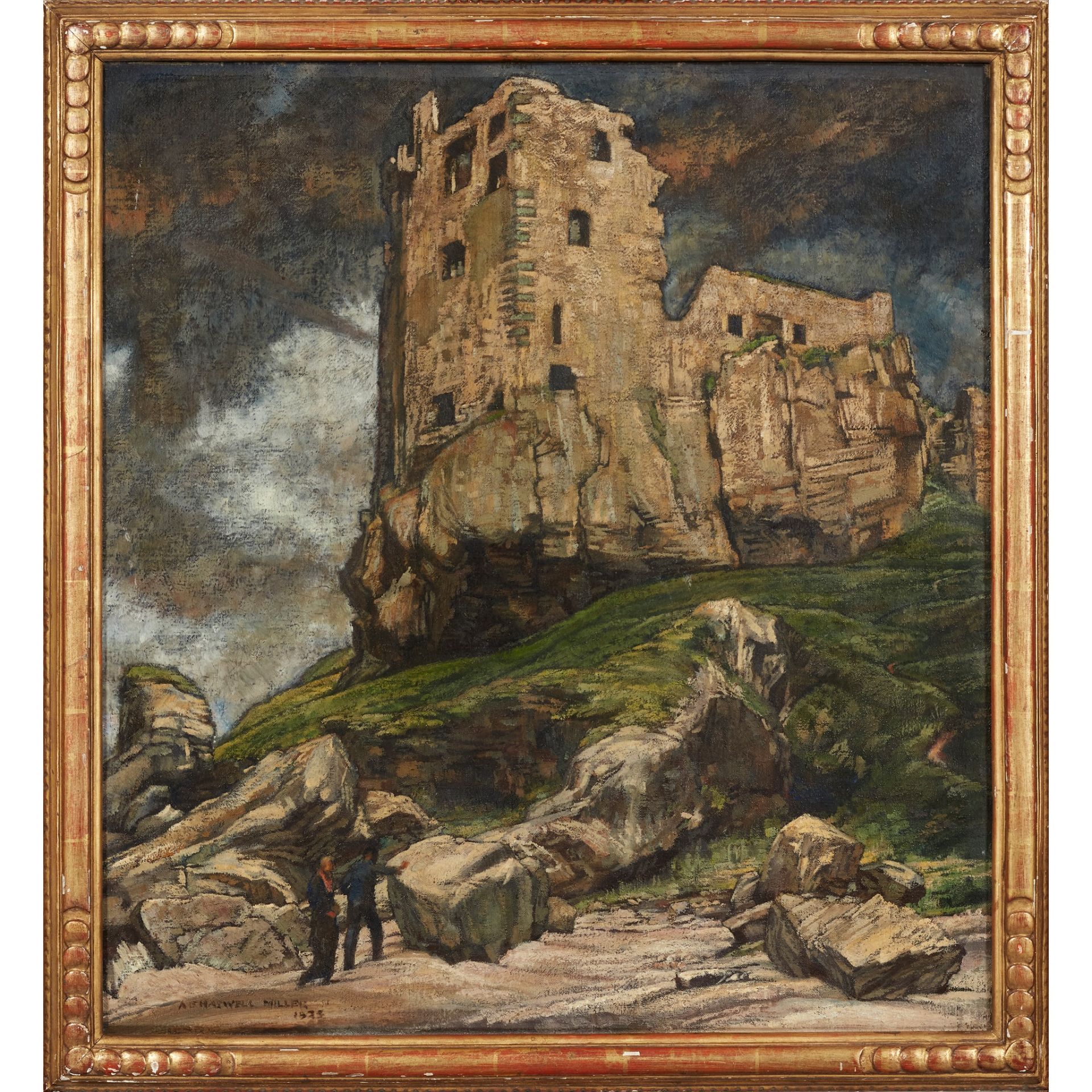 § ARCHIBALD ELLIOT HASWELL MILLER R.S.W. (SCOTTISH 1887-1979) FIGURES BELOW RUINED CASTLE RAMPARTS - Image 2 of 3